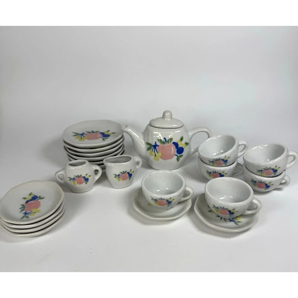 Vintage Honghura Craft Child Doll Porcelain Tea Set ‎ Apple Fruit MCM 22pc